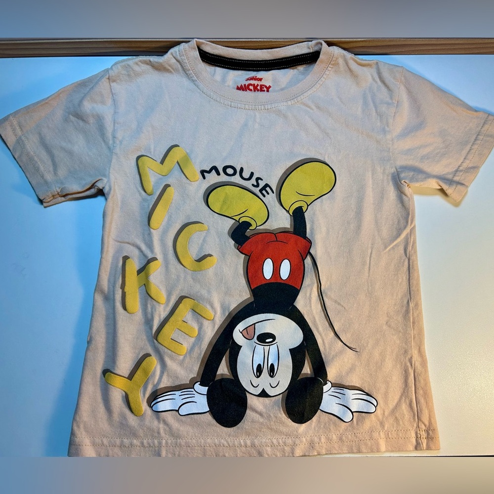 ✅Disney Jr Cream Short Sleeve Tee with Mickey Mouse in a Handstand, Unisex 4T